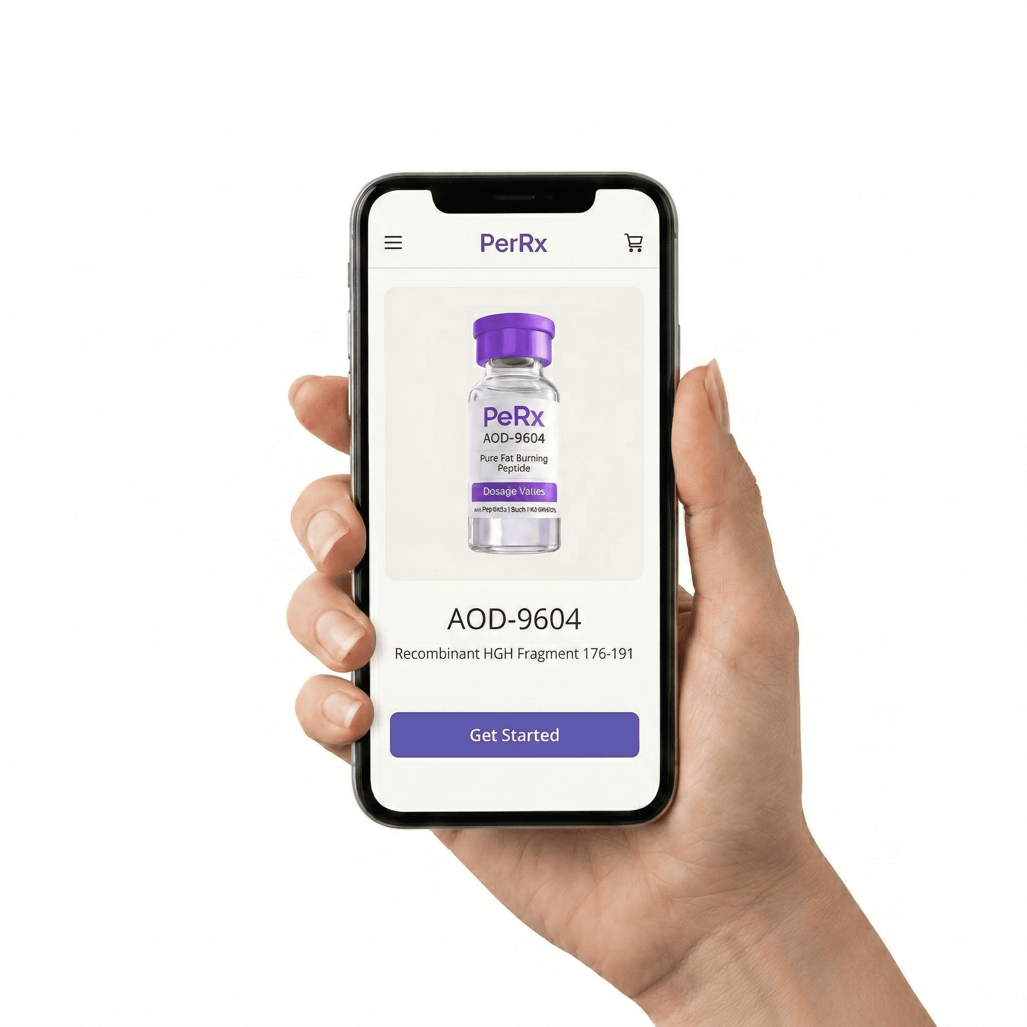 Hand holding phone showing PeRx product page